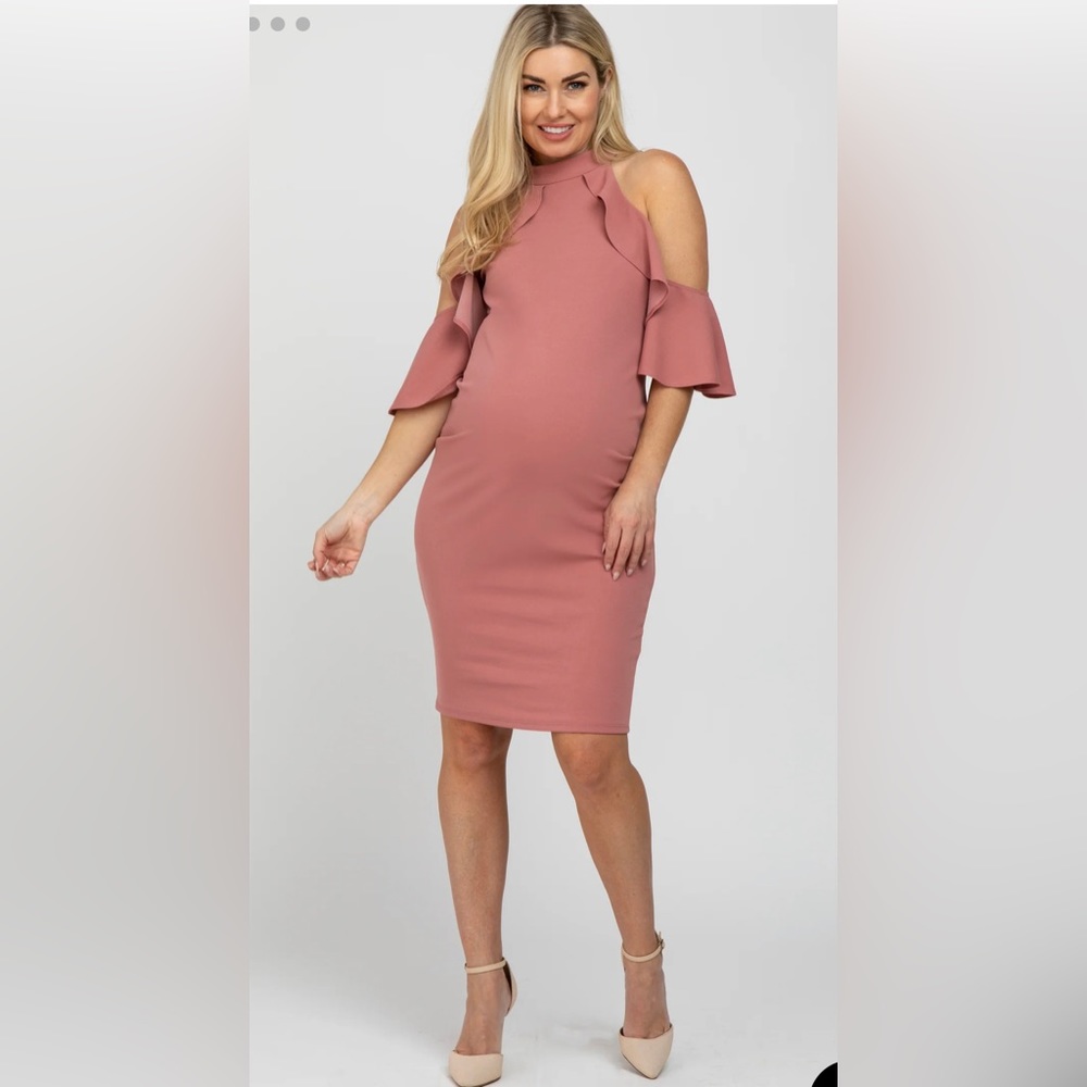 Mauve Mock Neck Ruffle Trim Fitted Maternity Dress